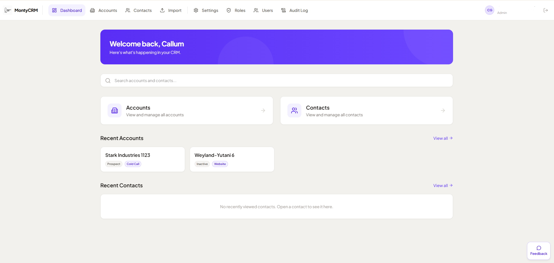 MontyCRM Dashboard Interface